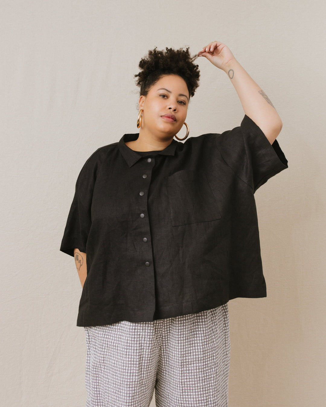 Boxy Collared Top in Black Linen (RTS)