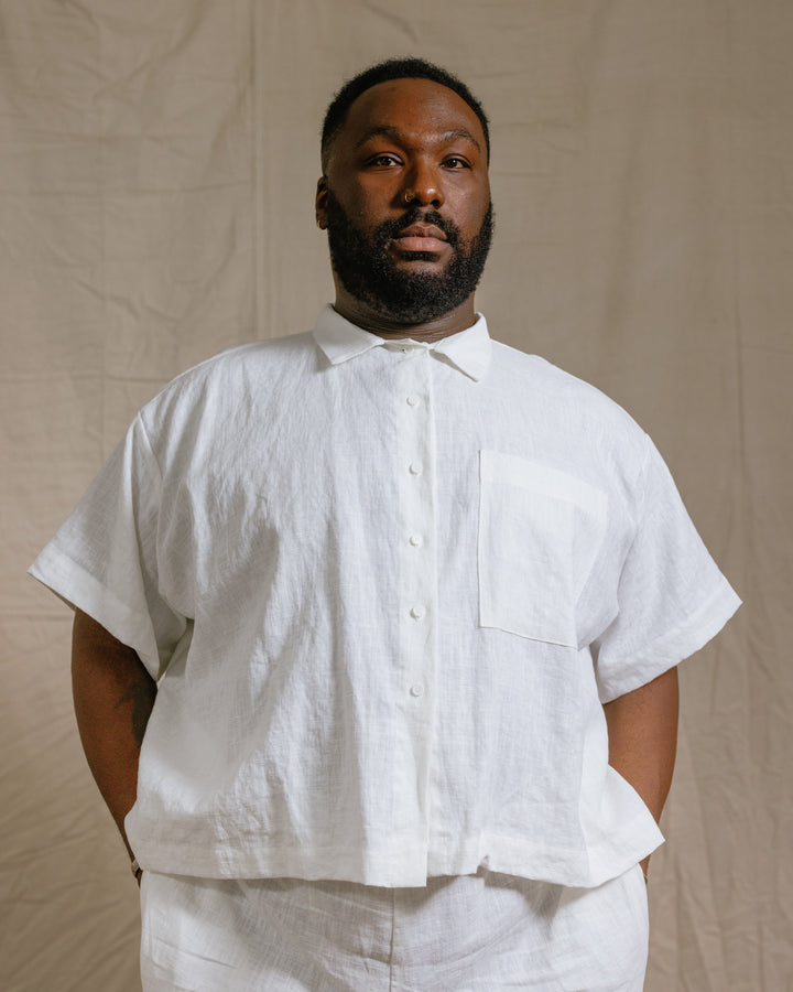 Boxy Collared Top in White Linen (RTS)