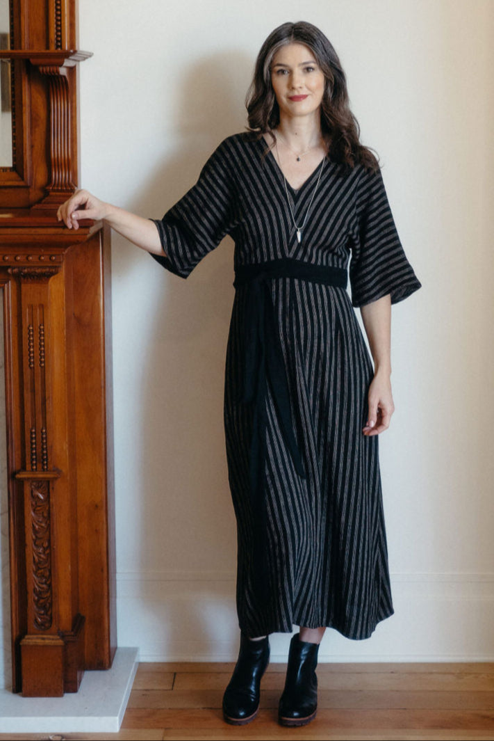 Diana Dress in Black 2 Tone Stripe Cotton