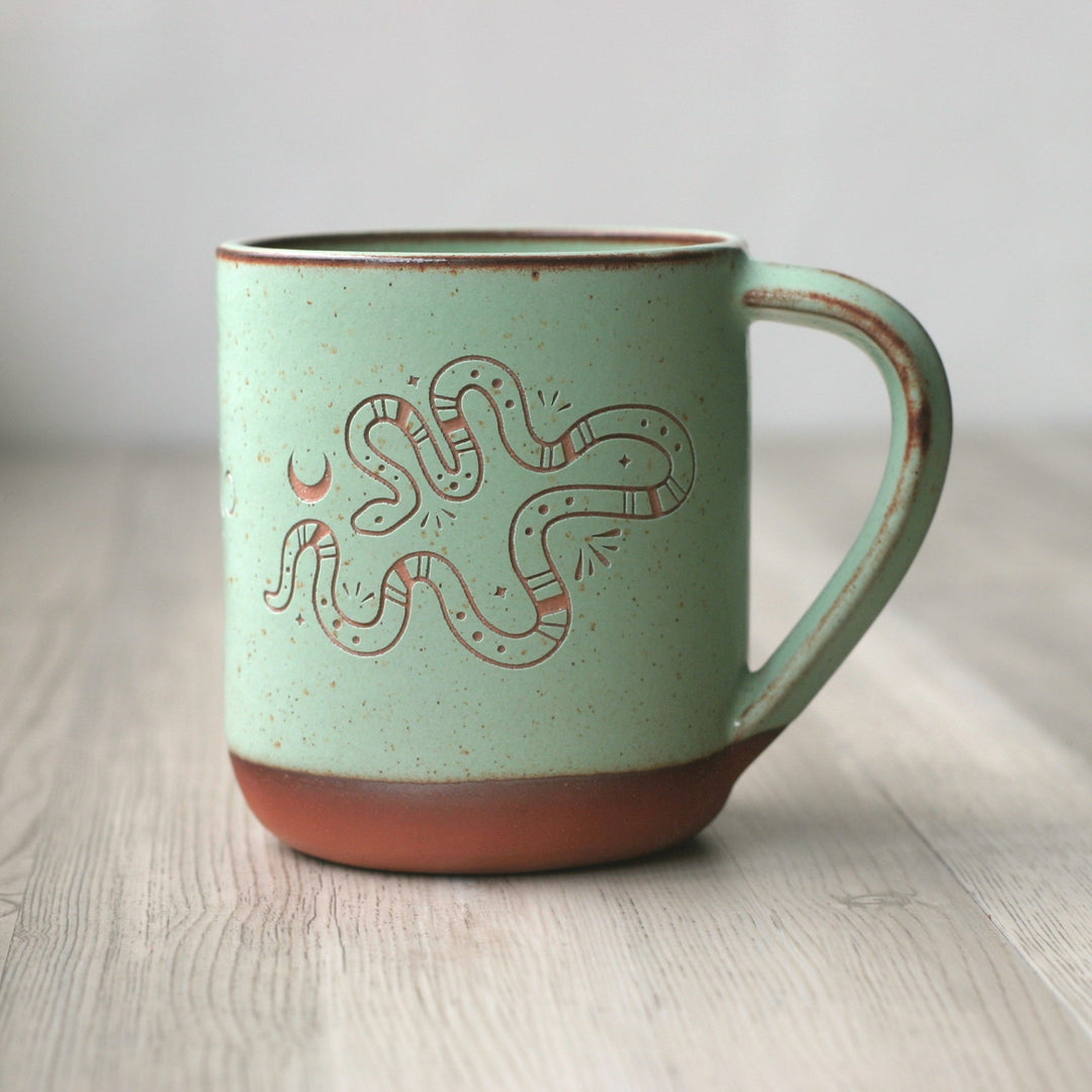 Snakes + Moon Phase Mug, Farmhouse Style Handmade Pottery