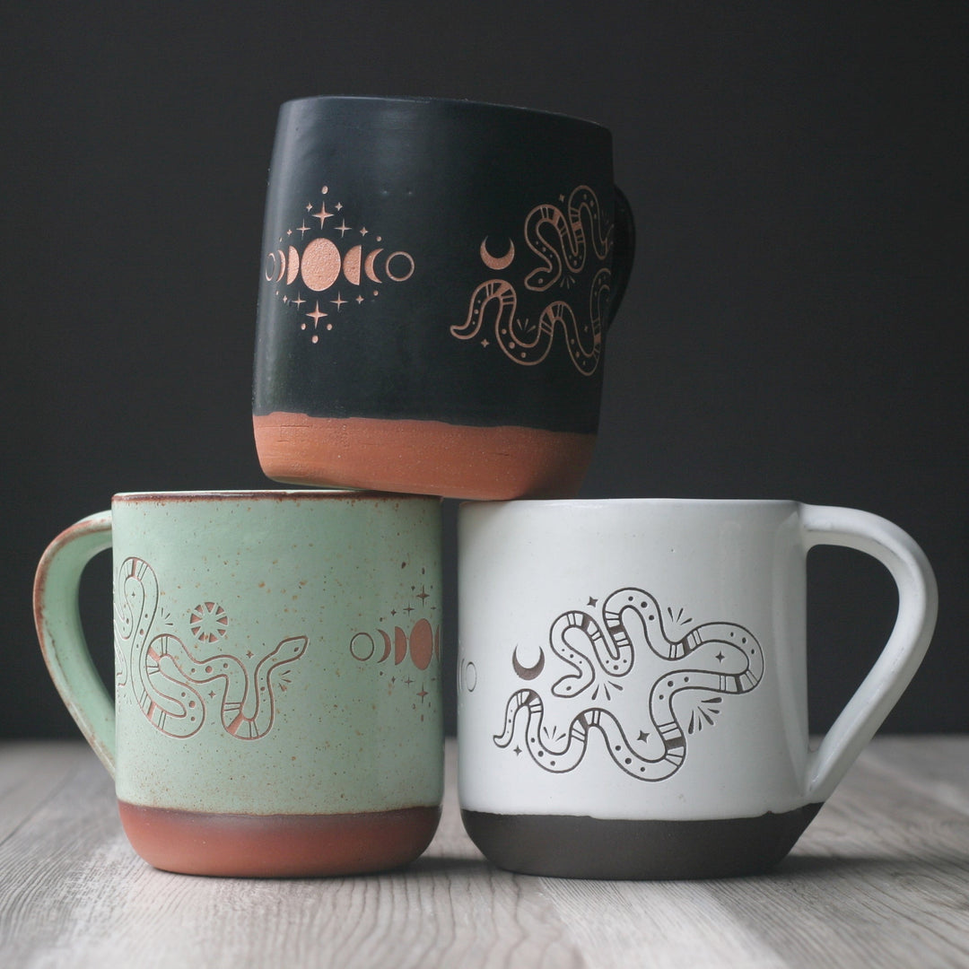 Snakes + Moon Phase Mug, Farmhouse Style Handmade Pottery