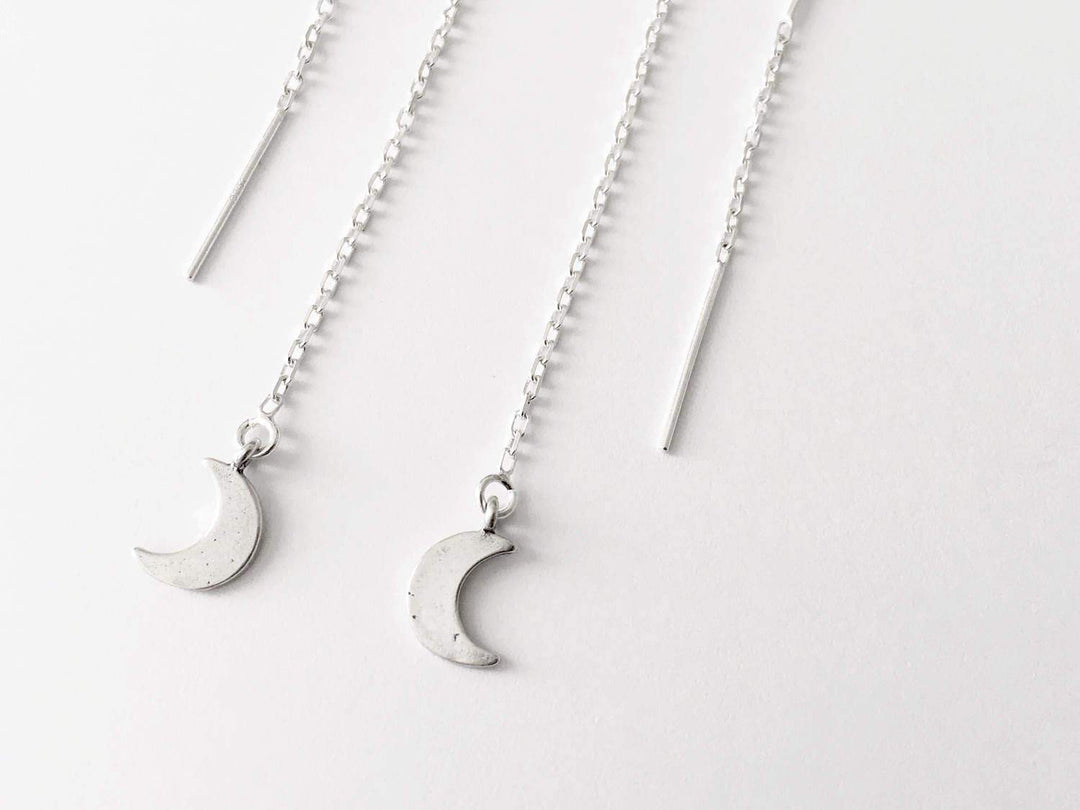 Crescent Moon Threader Earrings in silver