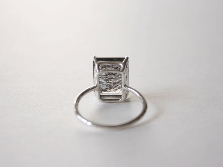 Tourmalinated Quartz Ring, 12x10 Emerald Cut