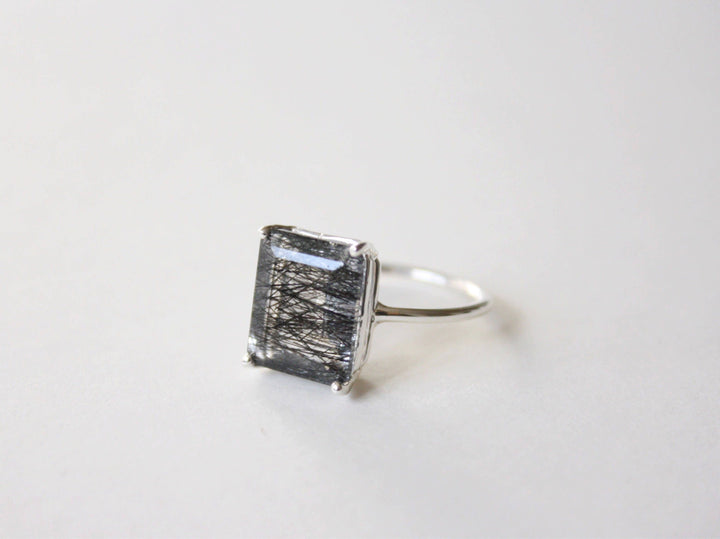 Tourmalinated Quartz Ring, 12x10 Emerald Cut