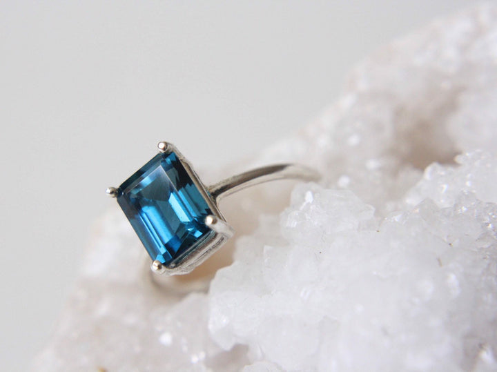 London Blue Topaz Ring, 9x7 Emerald Cut