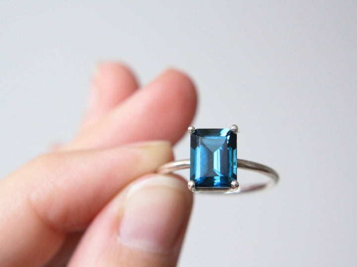 London Blue Topaz Ring, 9x7 Emerald Cut