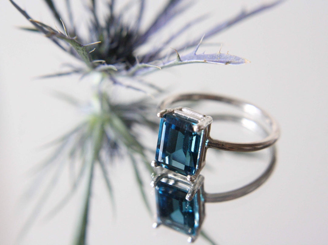 London Blue Topaz Ring, 9x7 Emerald Cut