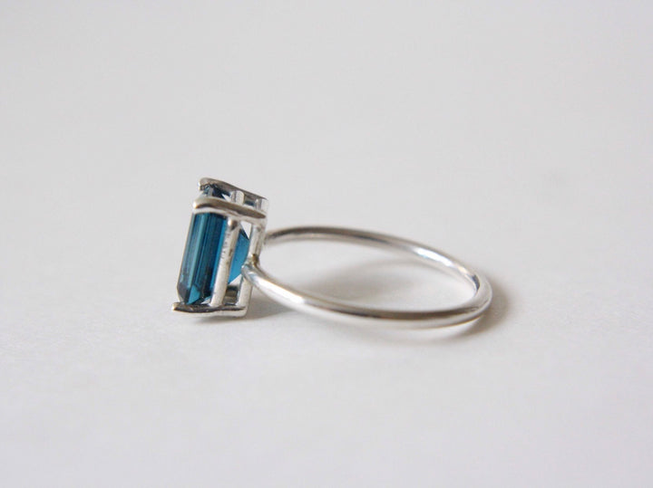 London Blue Topaz Ring, 9x7 Emerald Cut