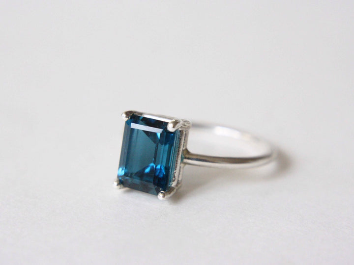 London Blue Topaz Ring, 9x7 Emerald Cut