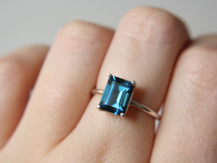 London Blue Topaz Ring, 9x7 Emerald Cut