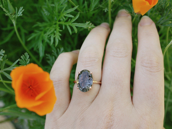 Tourmalinated Quartz Ring, 14x10 Oval Faceted