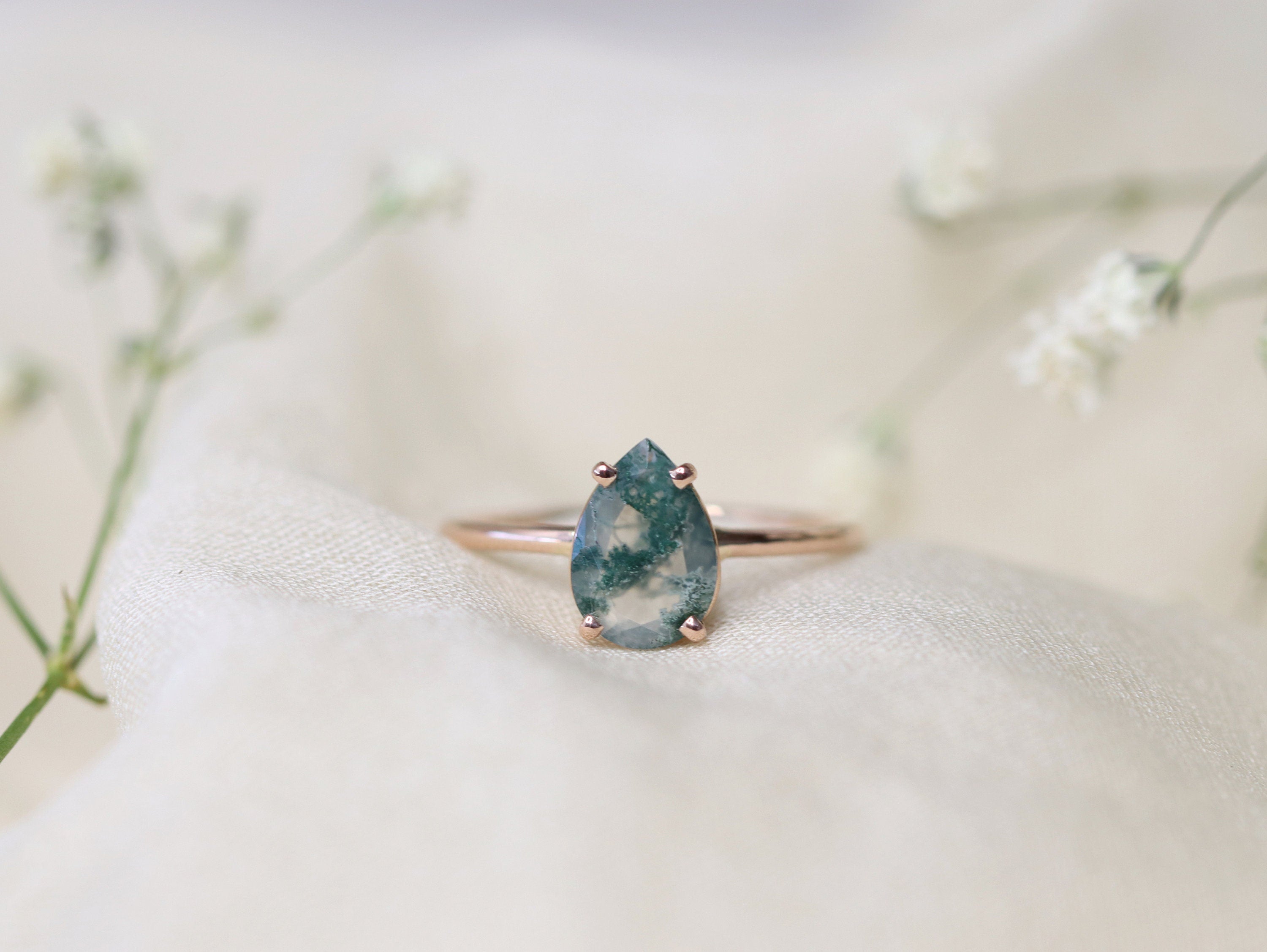 Moss Agate Ring, 10x7 Pear Shape Faceted Moss Agate Ring, Moss Agate Engagement Ring, sold Green Moss Agate, Solitaire, 14k Gold Sterling Silver