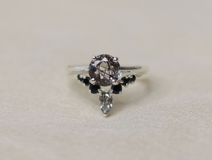 Diadem Ring with Tourmalinated Quartz and Black Spinel