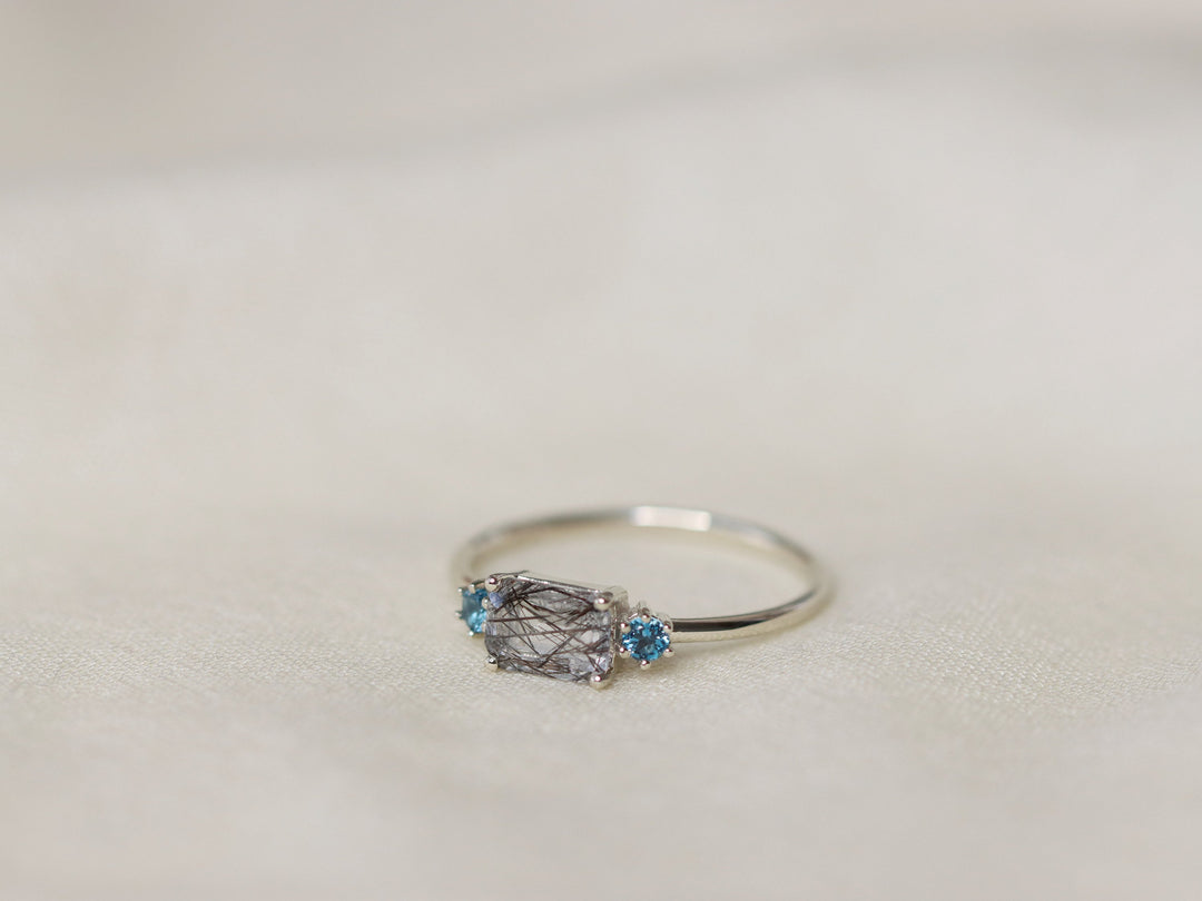 Trilogy Ring with Tourmalinated Quartz and London Blue Topaz