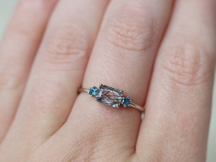 Trilogy Ring with Tourmalinated Quartz and London Blue Topaz