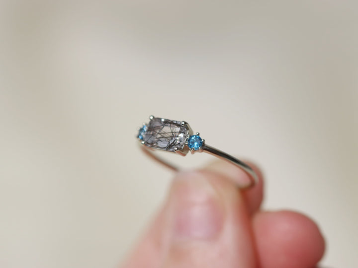 Trilogy Ring with Tourmalinated Quartz and London Blue Topaz